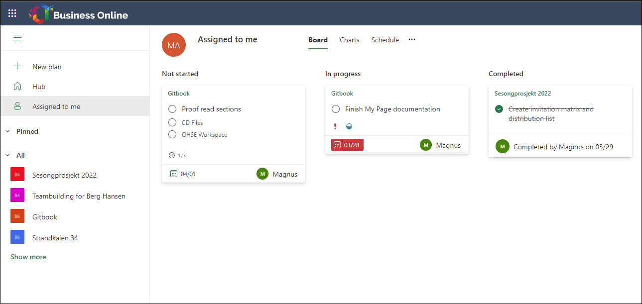 Mine oppgaver siden i Microsoft Planner, viderekoblet fra Min side
